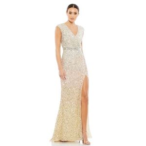 Mac Duggal 5489 Cap Sleeve Sequined High Slit Maxi‎ Gown- NWT